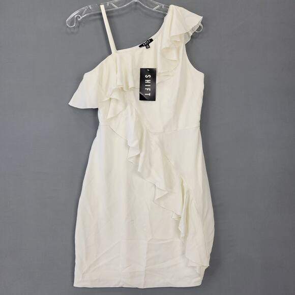 Shift Asymmetrical One-Shoulder Mini Dress Women Size Medium Cream Ivory Ruffles - Picture 1 of 11